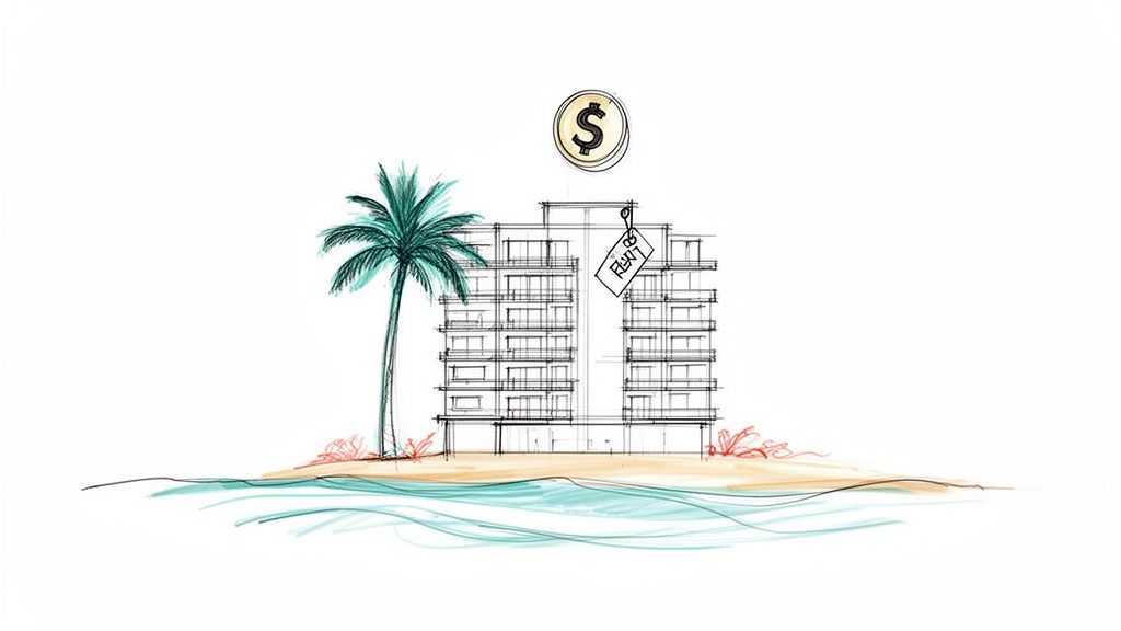 Sketch of a beach condo building for rent next to a palm tree with a dollar sign.