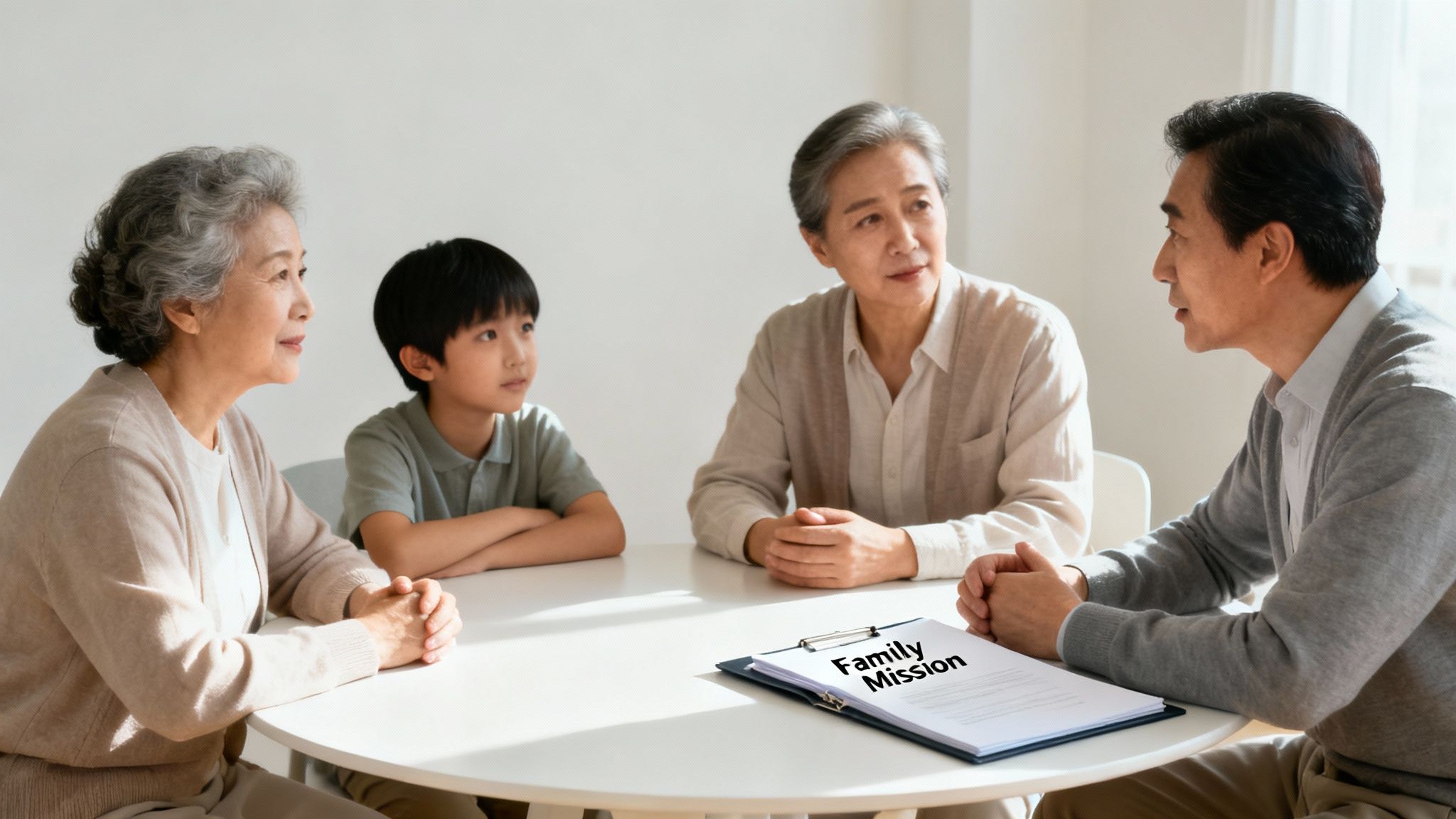An Asian family across three generations discusses a 'Family Mission' document at a table.