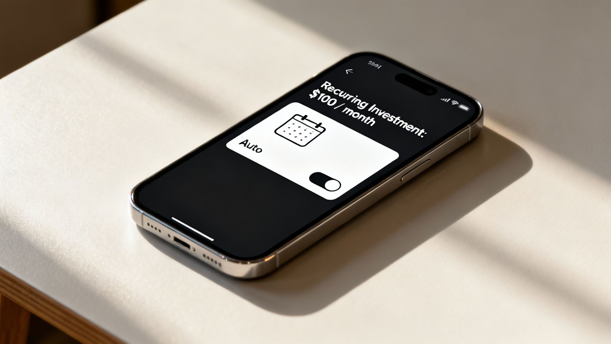 Smartphone screen displaying a financial app showing recurring investment of $100/month set to auto.