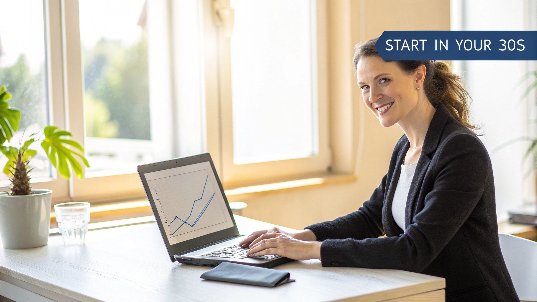 A smiling woman works on a laptop displaying financial growth, with a 'START IN YOUR 30S' banner.