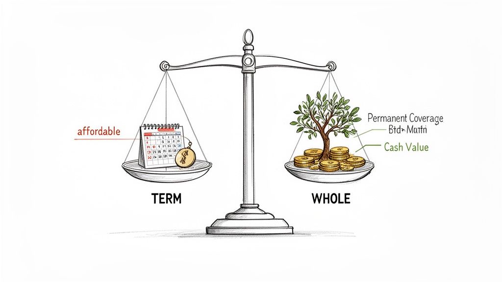 A scale comparing term life insurance (affordable, calendar) with whole life insurance (permanent coverage, cash value).