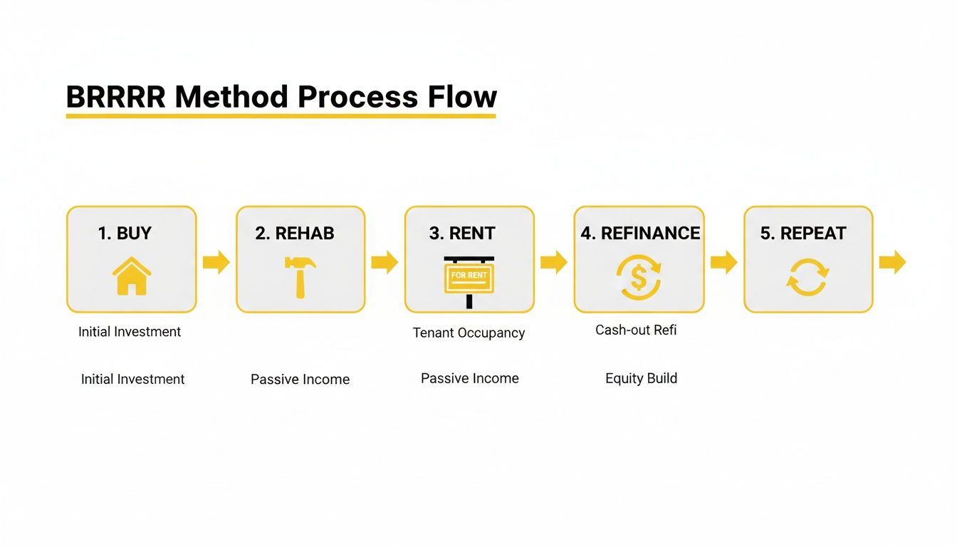 A clear flowchart illustrating the five steps of the BRRRR Method real estate investment process.