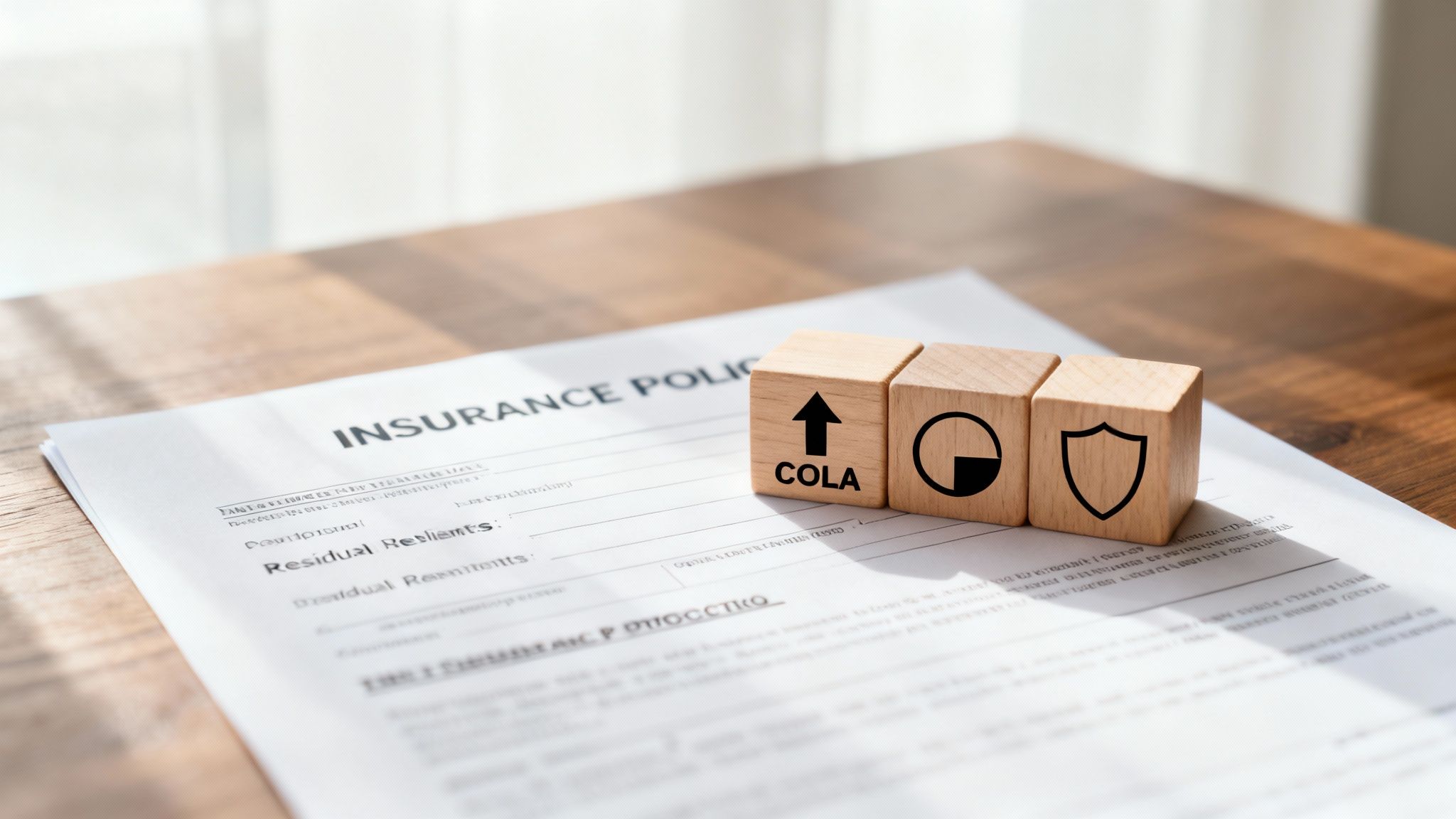 Three wooden blocks with symbols for COLA, growth, and protection on an insurance policy document.