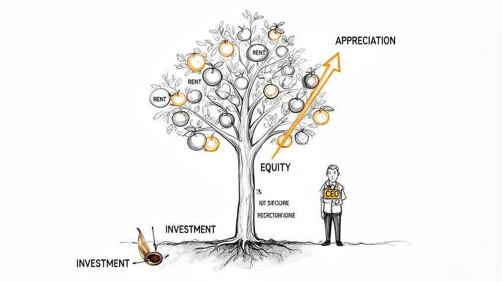 An illustration comparing real estate investment to a fruit tree, showing rent, equity, appreciation, and initial investment.