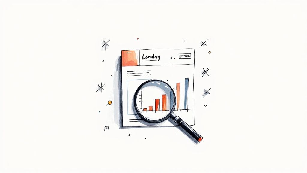 Magnifying glass examining financial bar chart data on Monday stock market report document