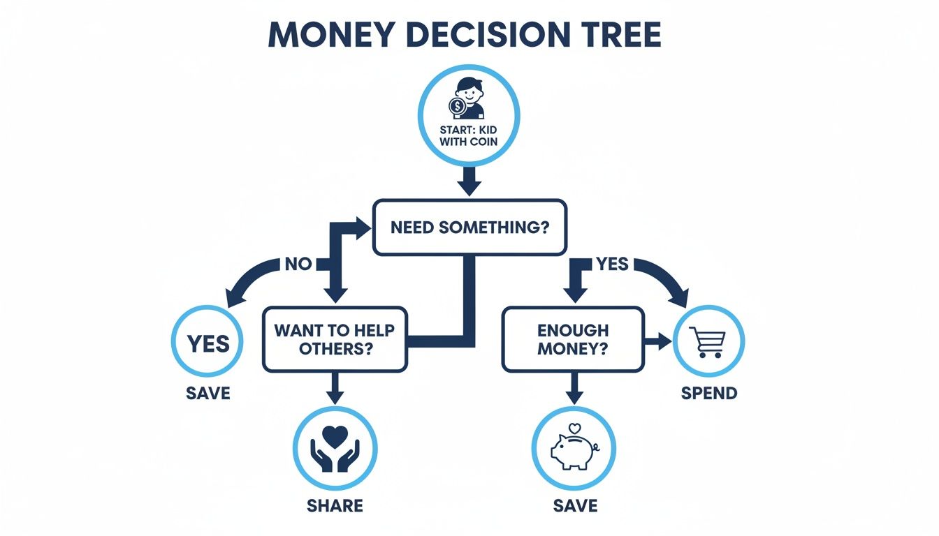 A money decision tree for kids, illustrating choices to save, share, or spend their money.