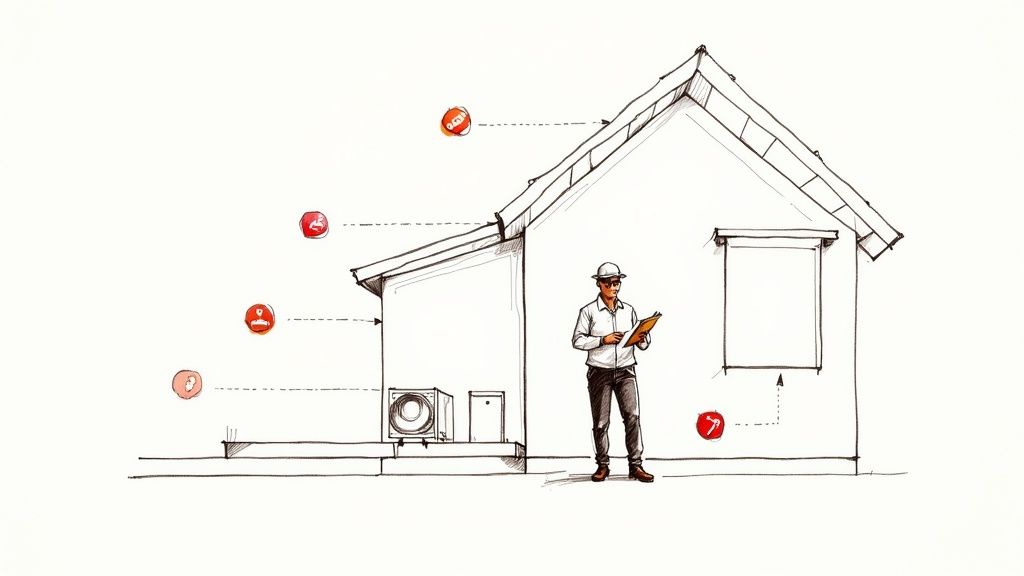 A hand-drawn sketch of a house and inspector, with red icons indicating a property inspection checklist.