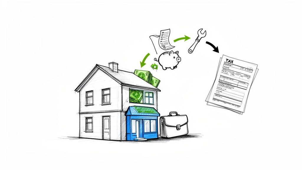 Illustration showing money, savings, repairs, and tax forms associated with a house, indicating tax deductions.