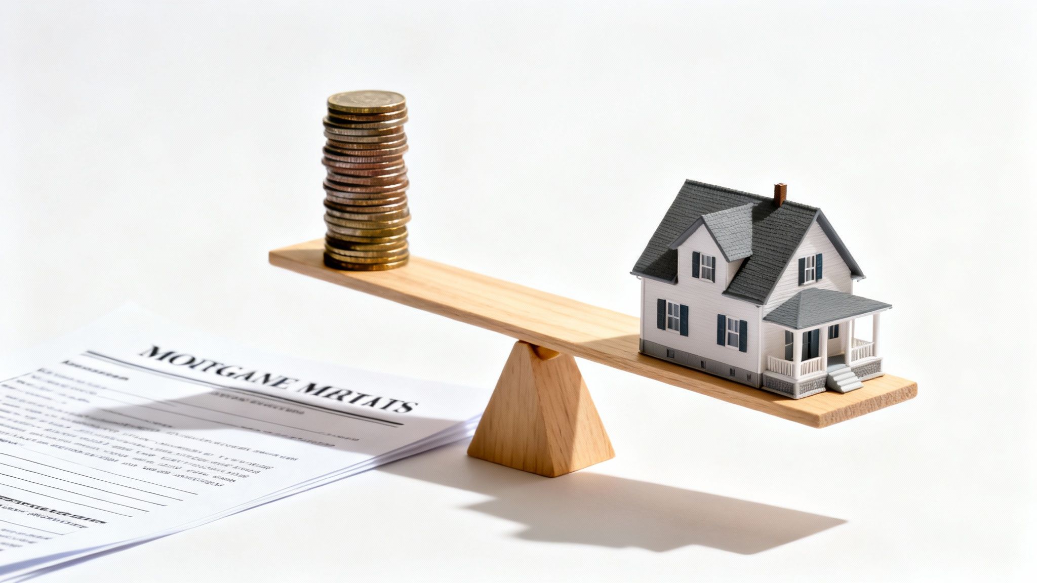 A miniature house and stacked coins balancing on a seesaw, with mortgage documents below.