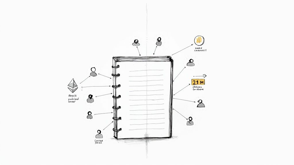 An abstract digital art piece showing interconnected nodes, representing the blockchain network.