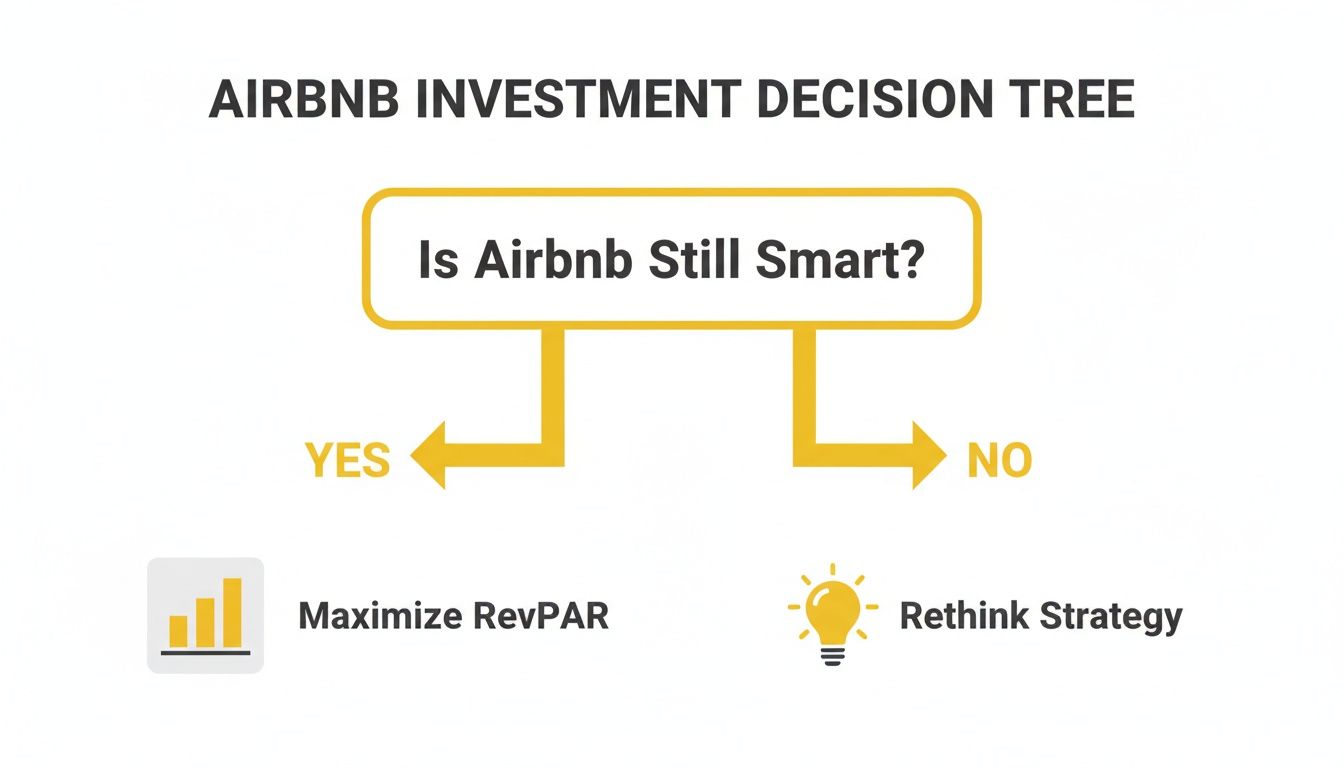 An Airbnb investment decision tree asks 'Is Airbnb Still Smart?' directing to 'Maximize RevPAR' or 'Rethink Strategy'.