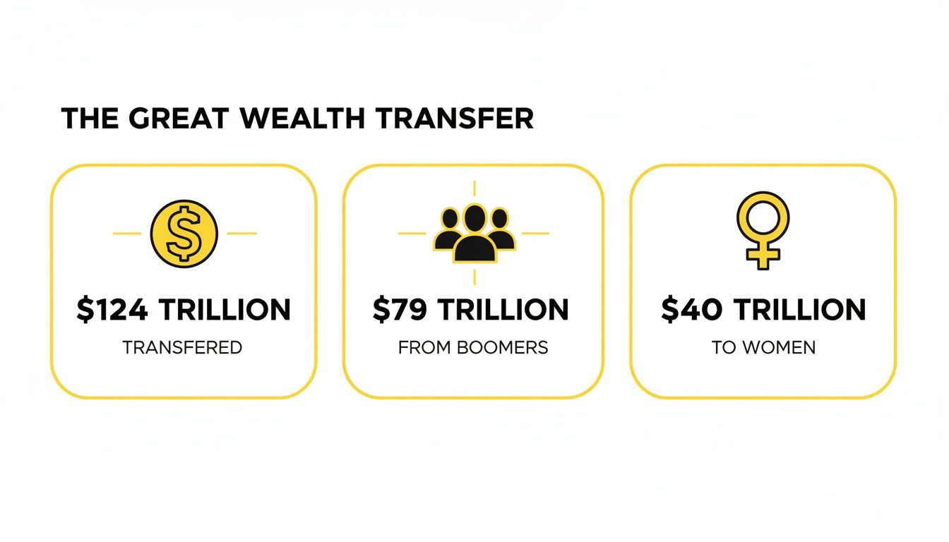 An infographic on the great wealth transfer, showing $124 trillion transferred, $79 trillion from boomers, and $40 trillion to women.