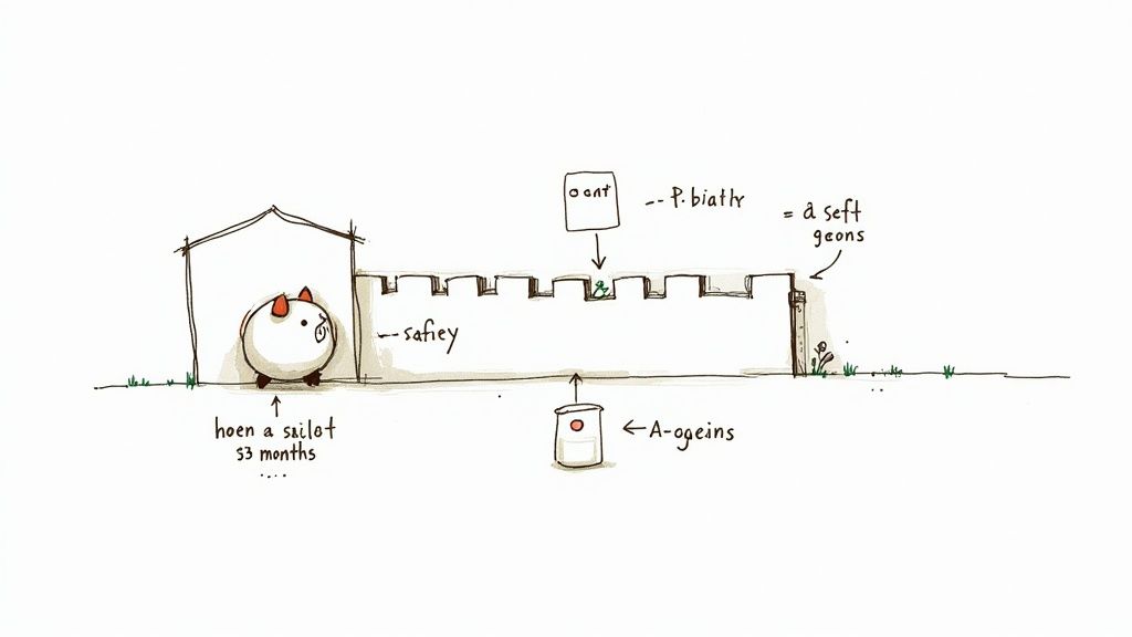 A whimsical hand-drawn diagram illustrating a system with a pig, a wall, labels, and arrows.