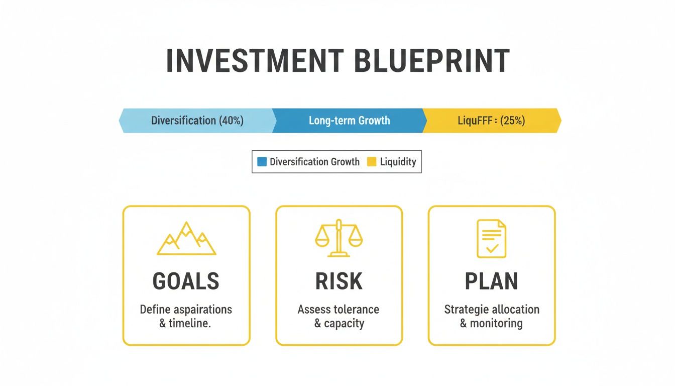 An Investment Blueprint diagram showing asset allocation (diversification, growth, liquidity) and key planning steps (goals, risk, plan).
