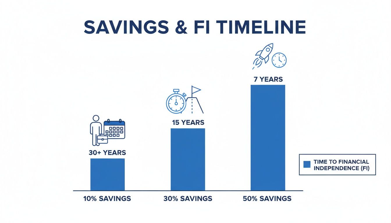 Bar chart showing time to financial independence (FI) based on different savings percentages.