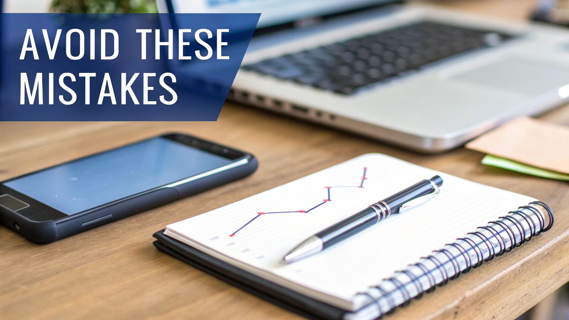 A work desk with a laptop, smartphone, notebook showing a financial graph, and a pen. Blue text says 'AVOID THESE MISTAKES'.