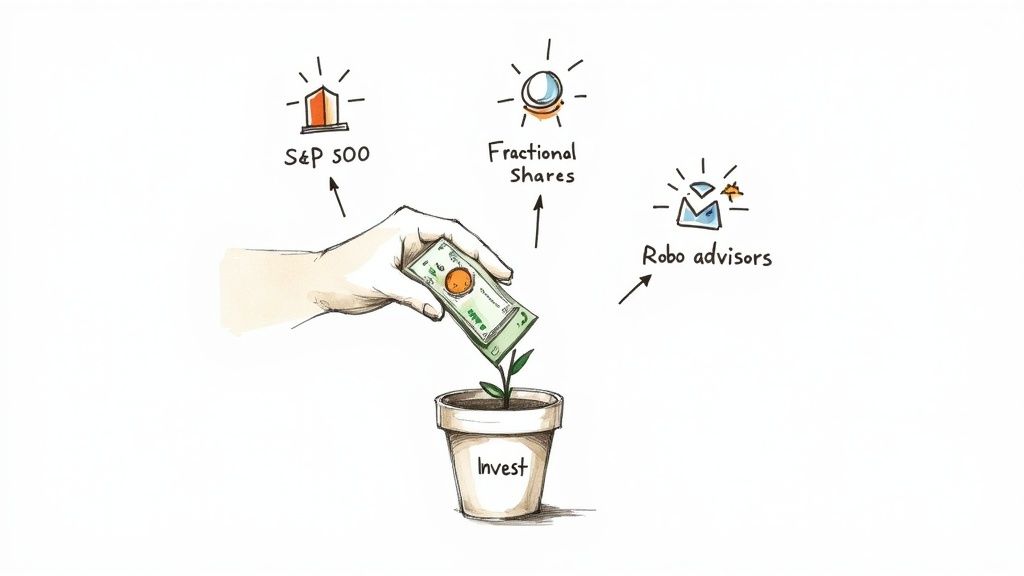 Hand investing money into a plant labeled 'Invest,' illustrating options like S&P 500, Fractional Shares, and Robo advisors.