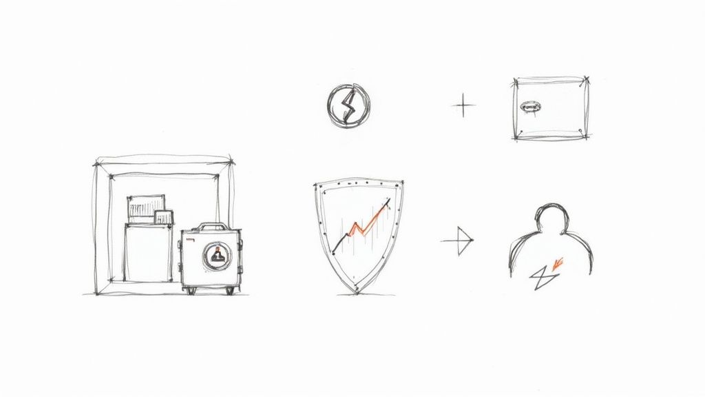 A digital illustration of a shield protecting a cryptocurrency coin from volatile market graph lines and hacker icons.