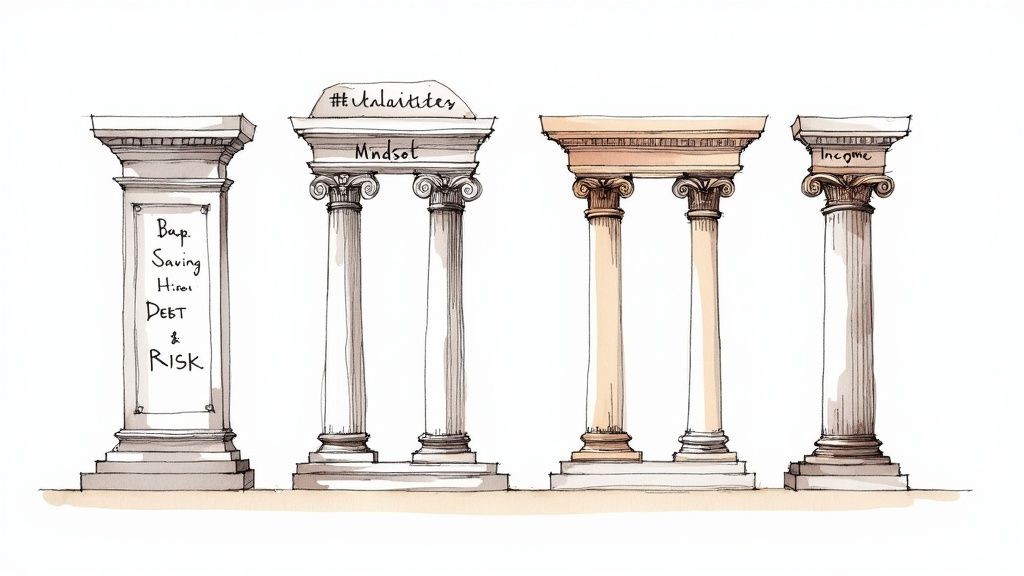 Four concrete pillars standing strong under a clear sky, symbolizing a solid financial foundation.