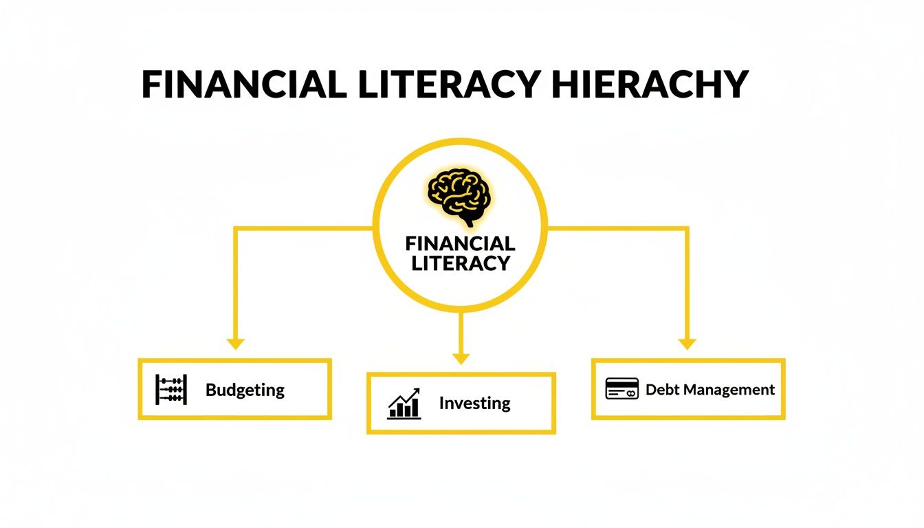A diagram illustrates the financial literacy hierarchy, highlighting budgeting, investing, and debt management.