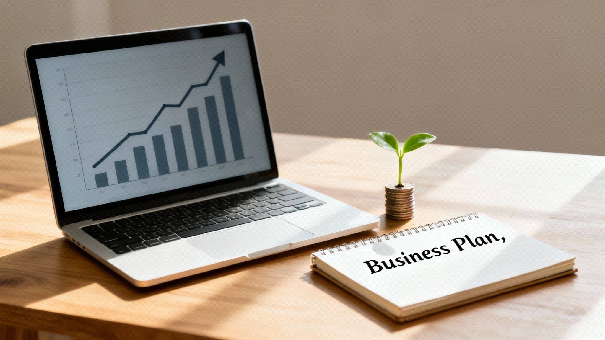 A laptop showing a rising financial growth chart, next to a money plant and a 'Business Plan' notebook.