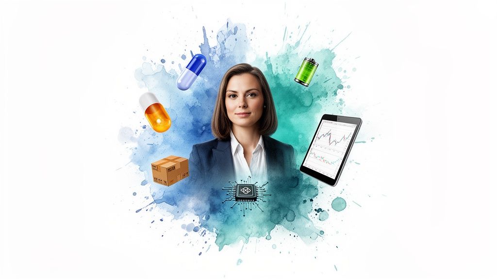 A businesswoman stands amidst icons of pharmaceutical, logistics, energy, financial, and tech industries.