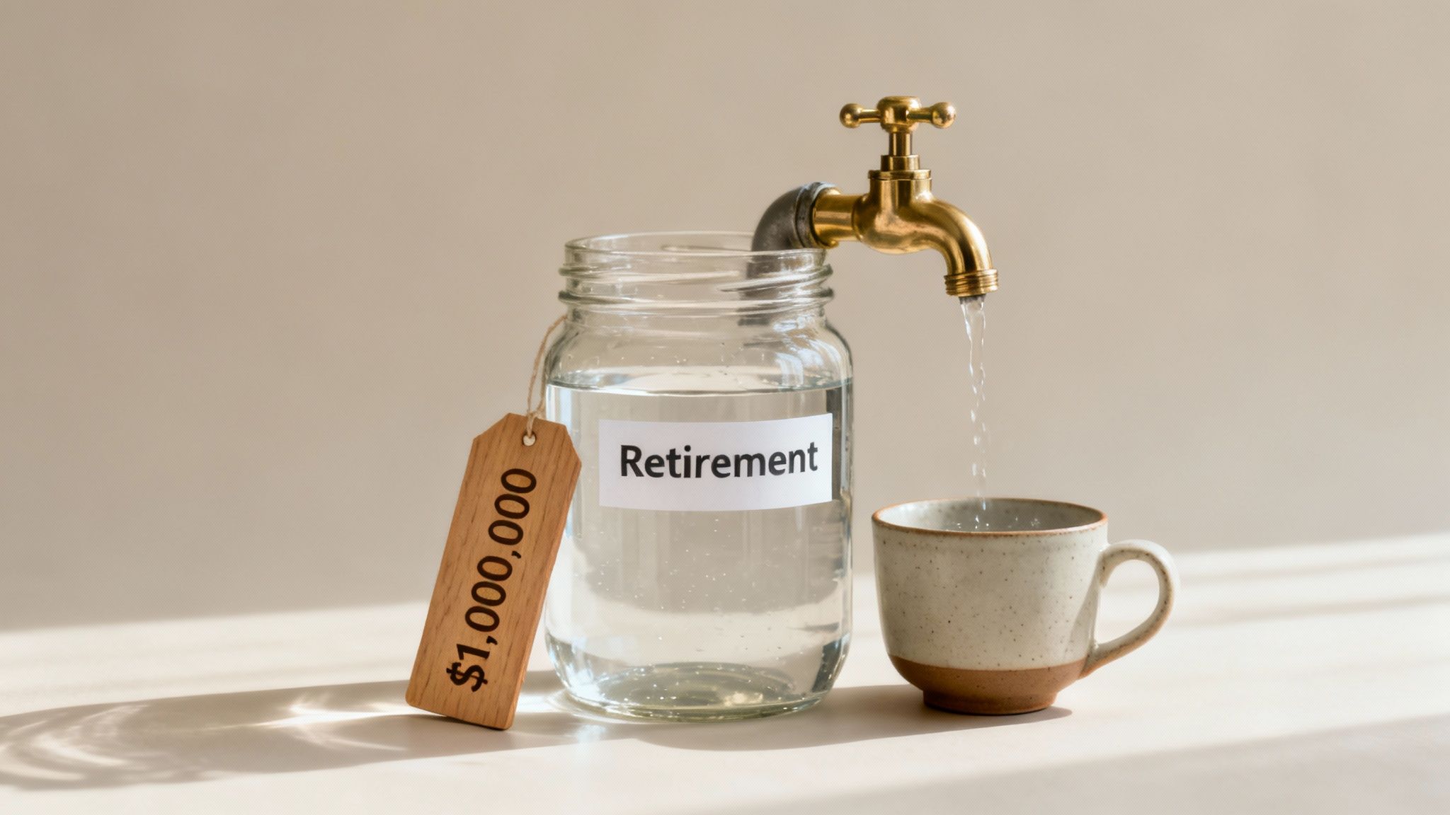 A glass jar labeled 'Retirement' with a faucet pouring water into a cup, next to a $1,000,000 tag.