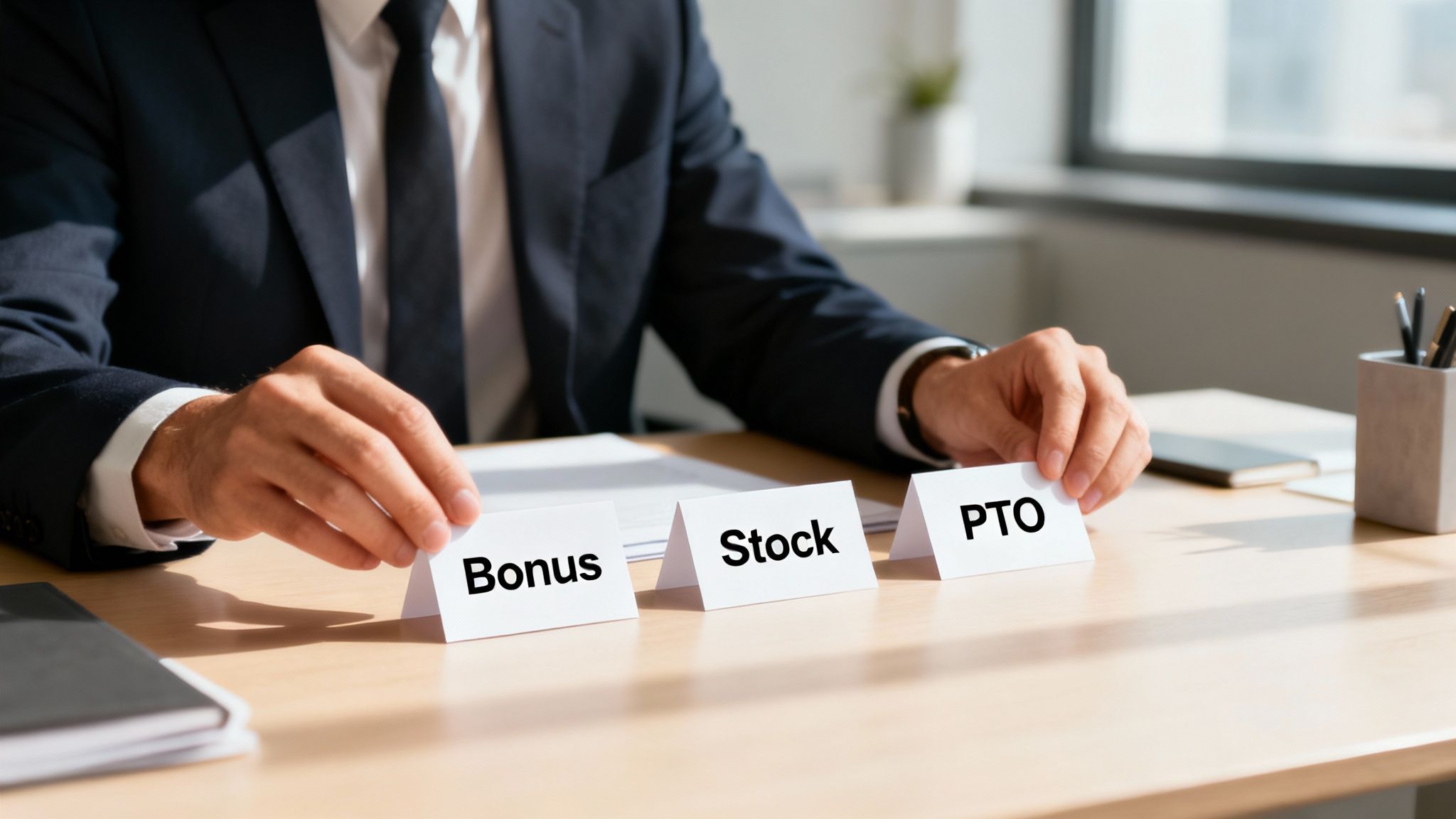 A person in a suit sits at a desk with cards showing "Bonus", "Stock", "PTO" for salary negotiation.