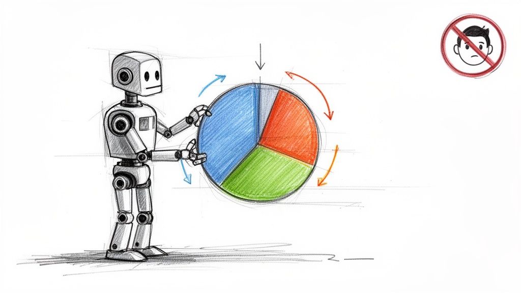 A robot adjusts a colorful pie chart, symbolizing automated data processing without human involvement.
