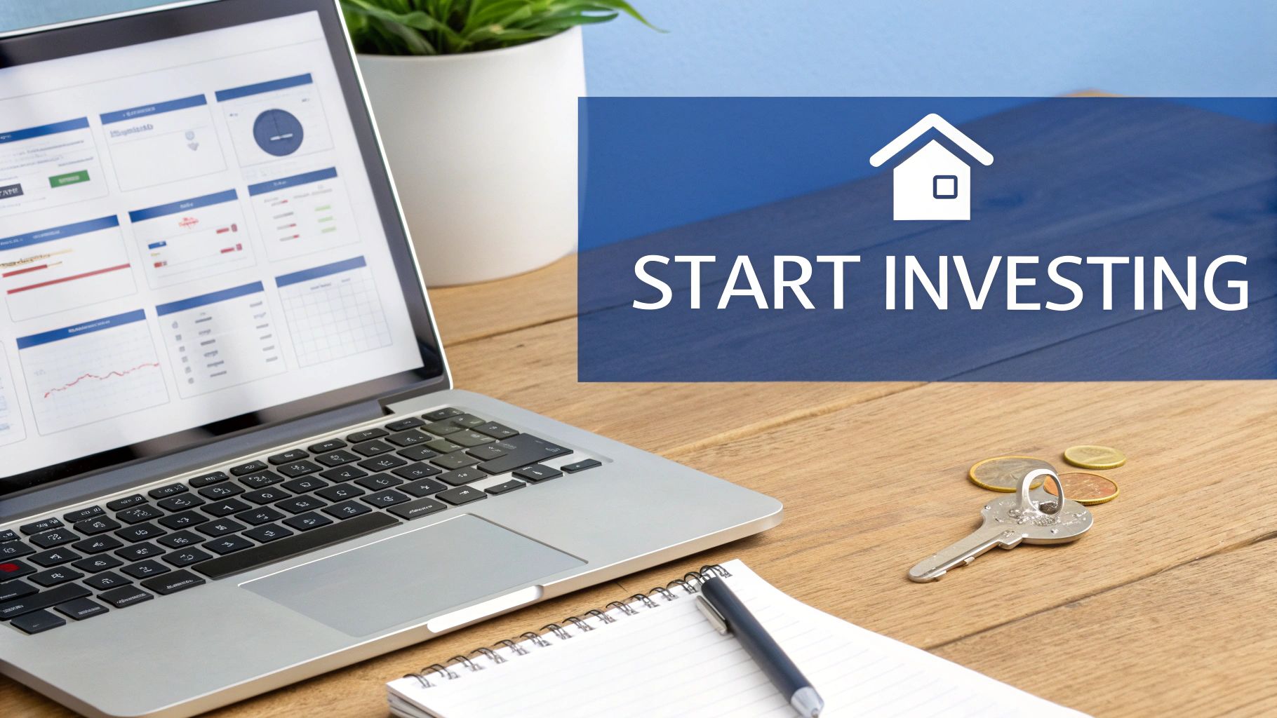 A laptop displaying investment data on a wooden desk, with a 'START INVESTING' banner featuring a house icon, alongside a notebook, pen, key, and coins.