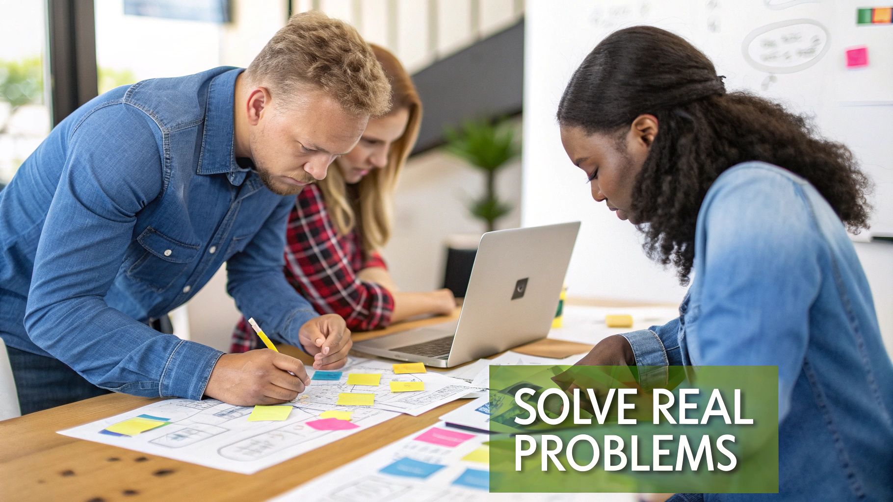 A diverse team of three collaborates on a project with wireframes and sticky notes, solving problems.