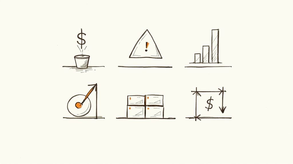 Hand-drawn icons depicting financial data analysis, risk, growth, and assets on a light background.