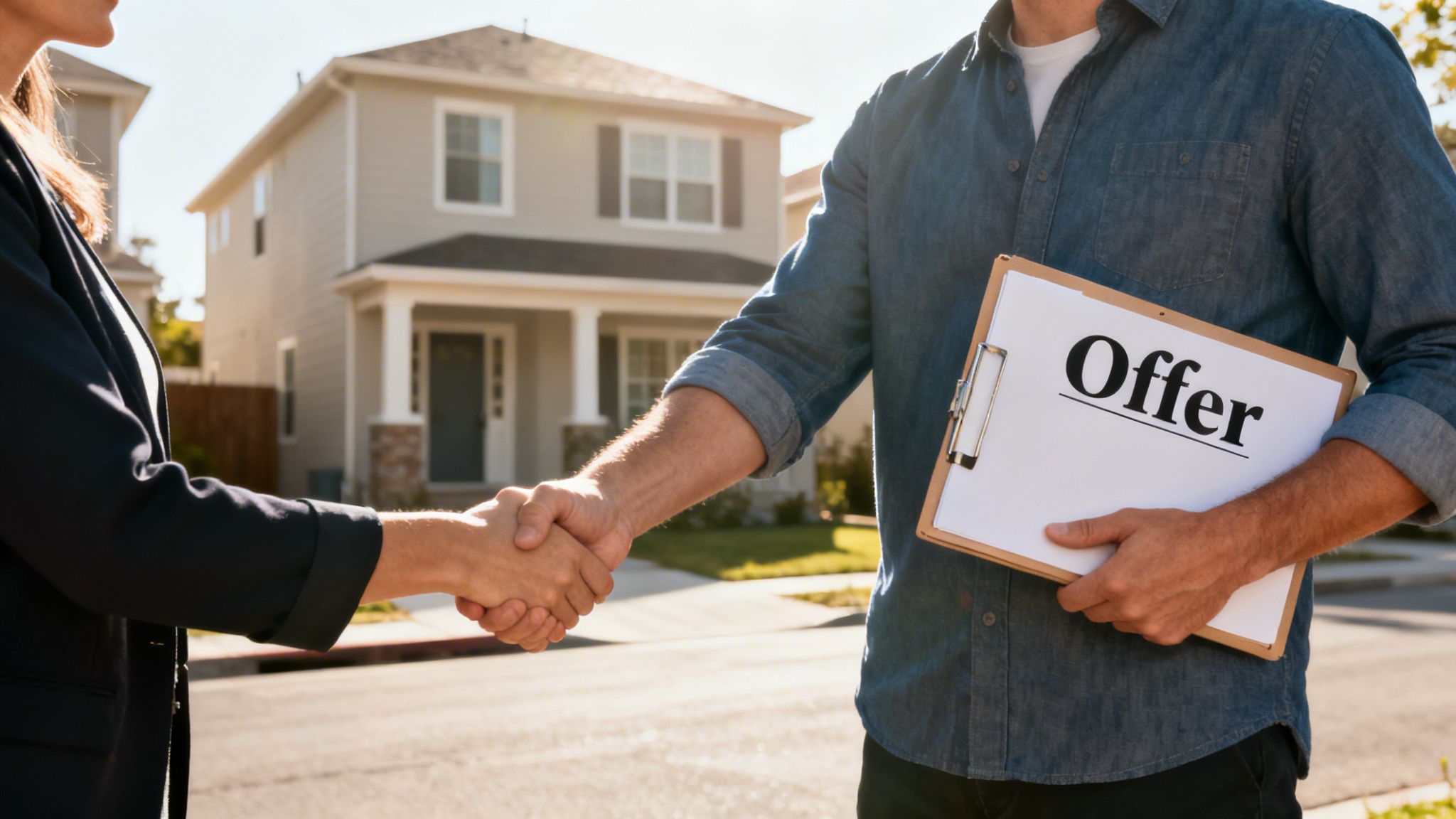 Two people shake hands in front of a suburban house, one holding a clipboard with 'Offer' written on it.