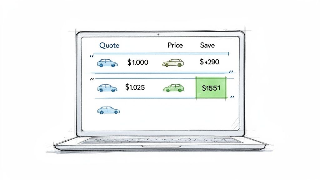 A laptop screen displaying a comparison table of car insurance quotes, prices, and potential savings.