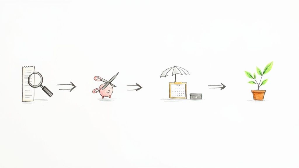 An illustrated sequence showing financial planning: examining bills, cutting expenses, protecting investments, and achieving growth.