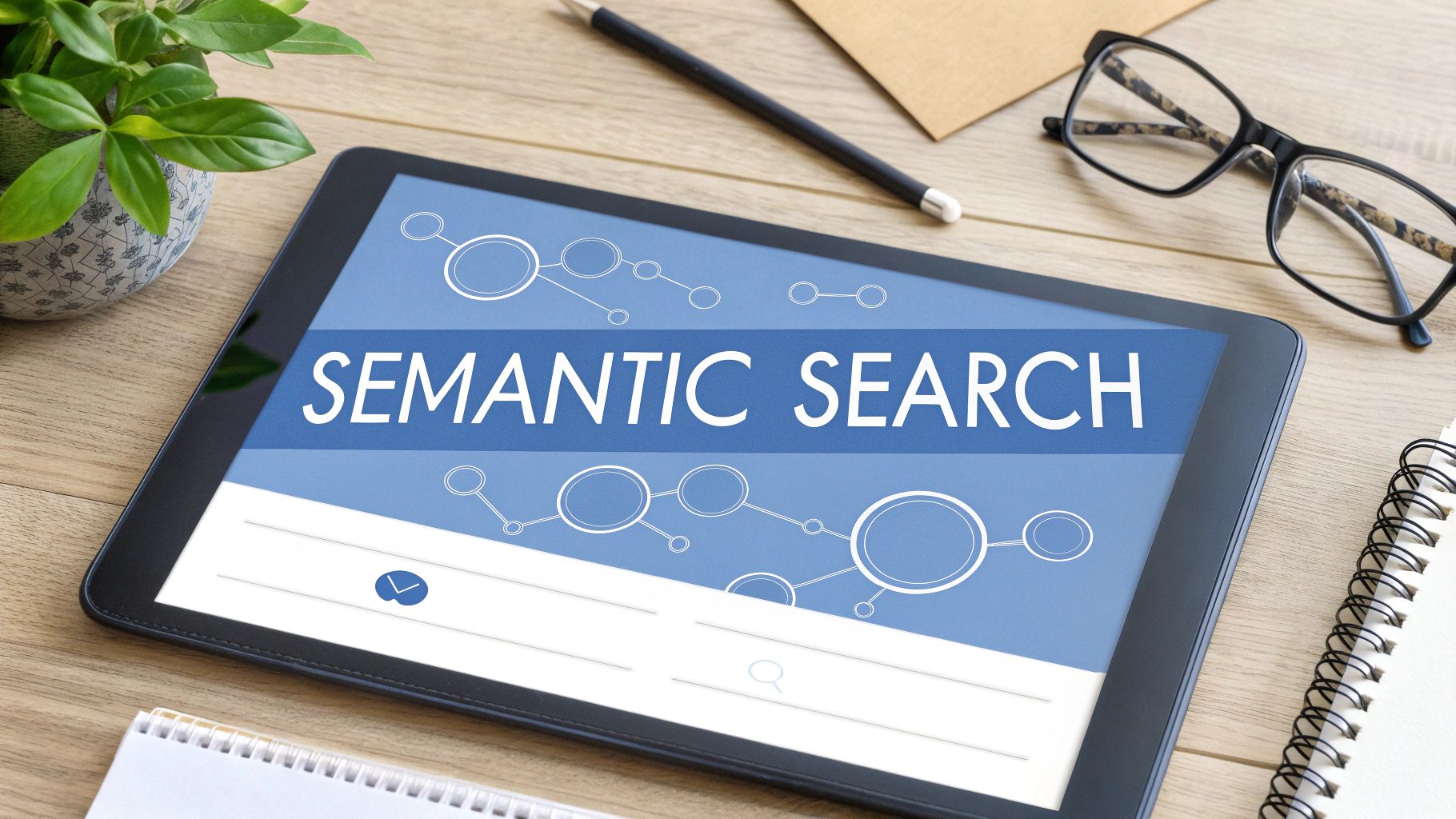 Tablet displaying "Semantic Search" on a desk with a plant, pen, glasses, and notebook.