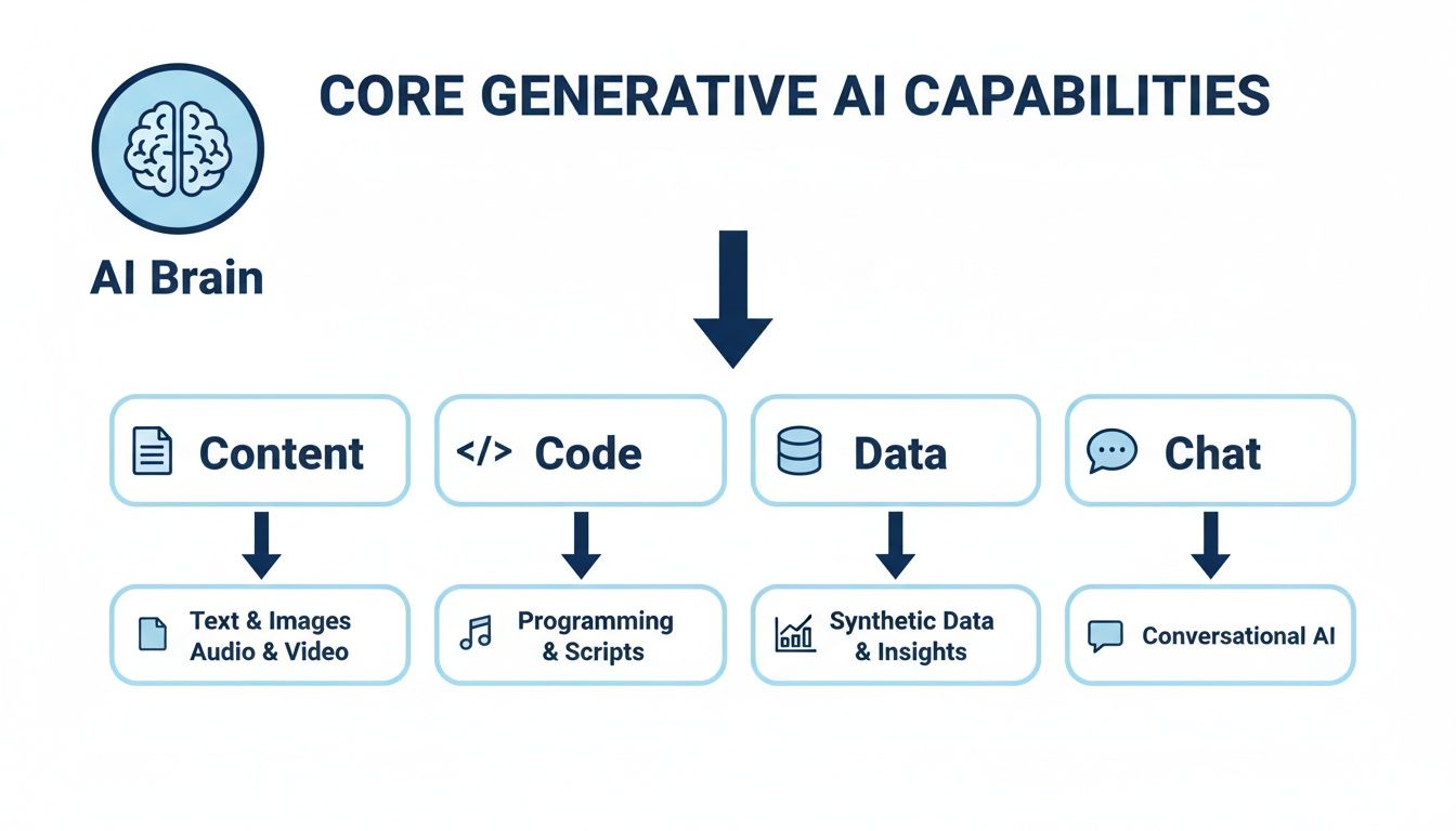 Diagram illustrating core generative AI capabilities, showing content, code, data, and chat applications.