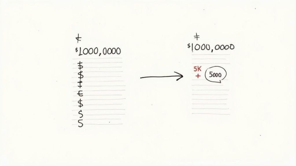 Handwritten diagram comparing two representations of a million dollars, with one highlighting '5K + 5000'.