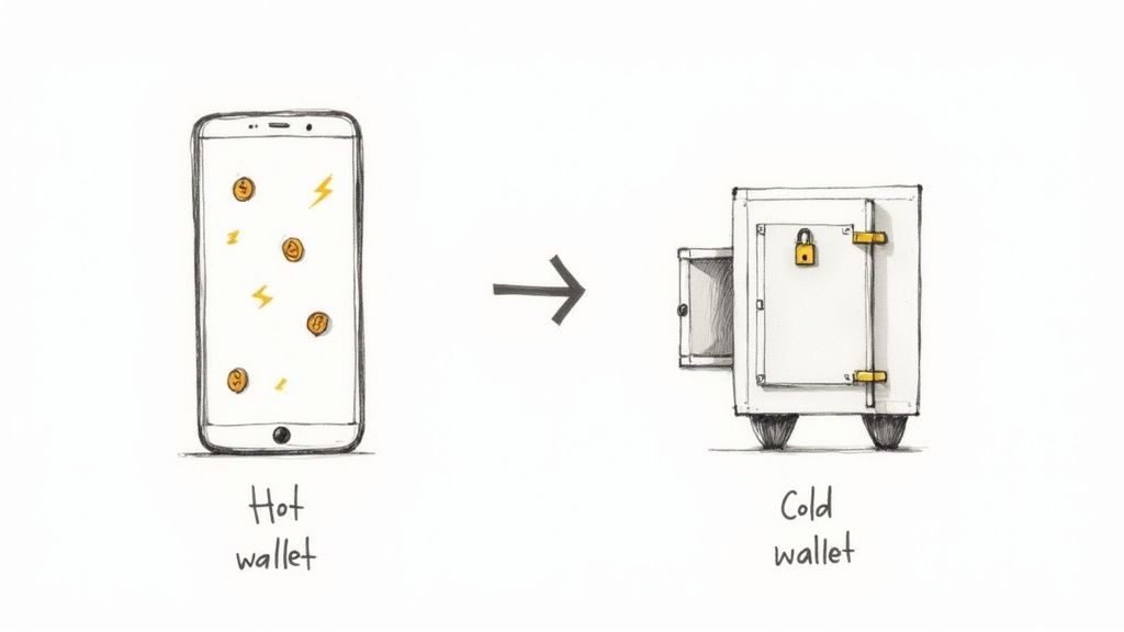 A stylized image showing a physical hardware wallet next to a smartphone displaying a software wallet interface.
