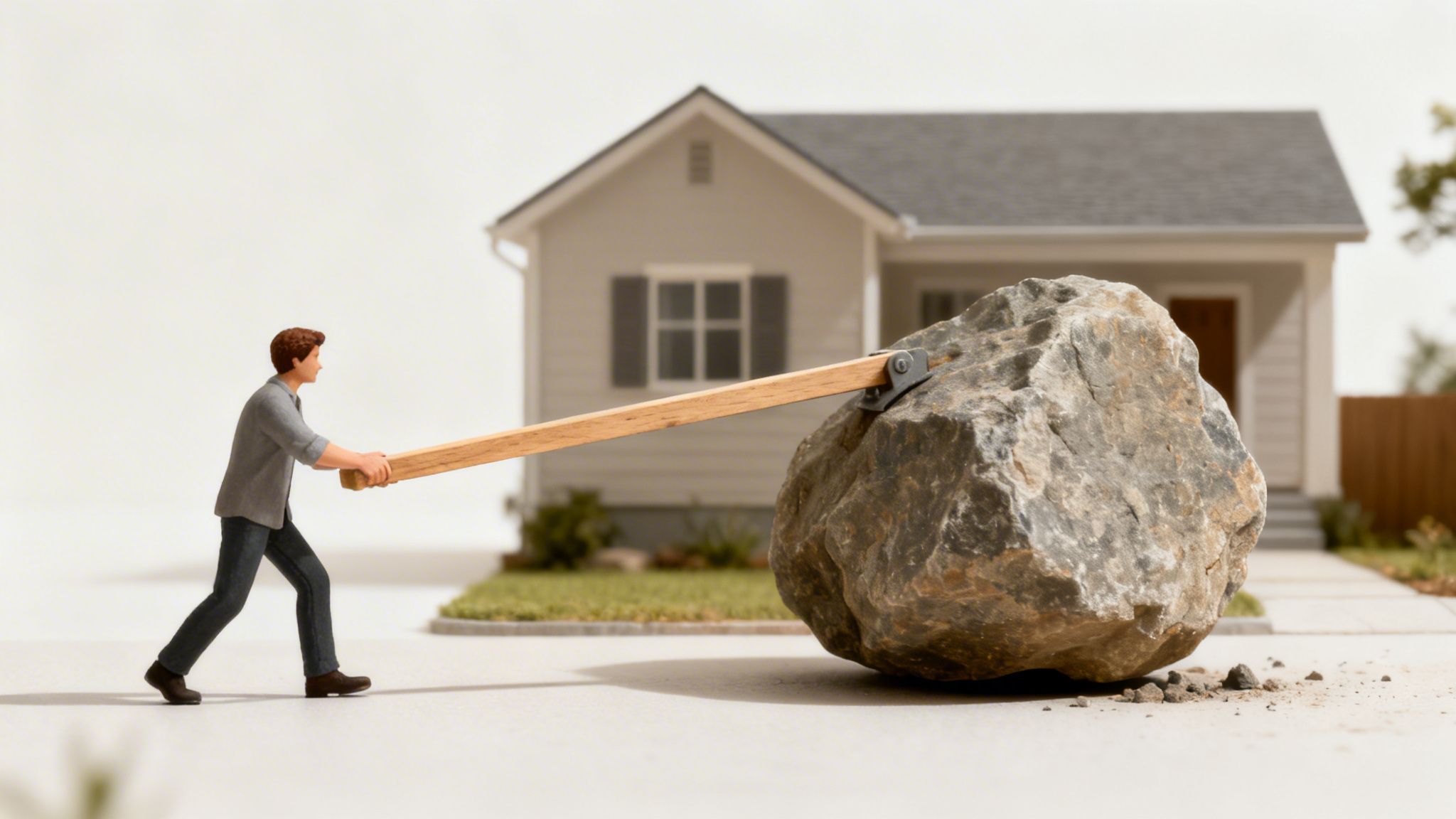 A miniature person uses a long wooden lever to push a large rock away from a house.
