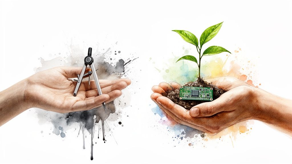 Hands symbolizing innovation, holding a drafting compass and a plant with an embedded circuit board.