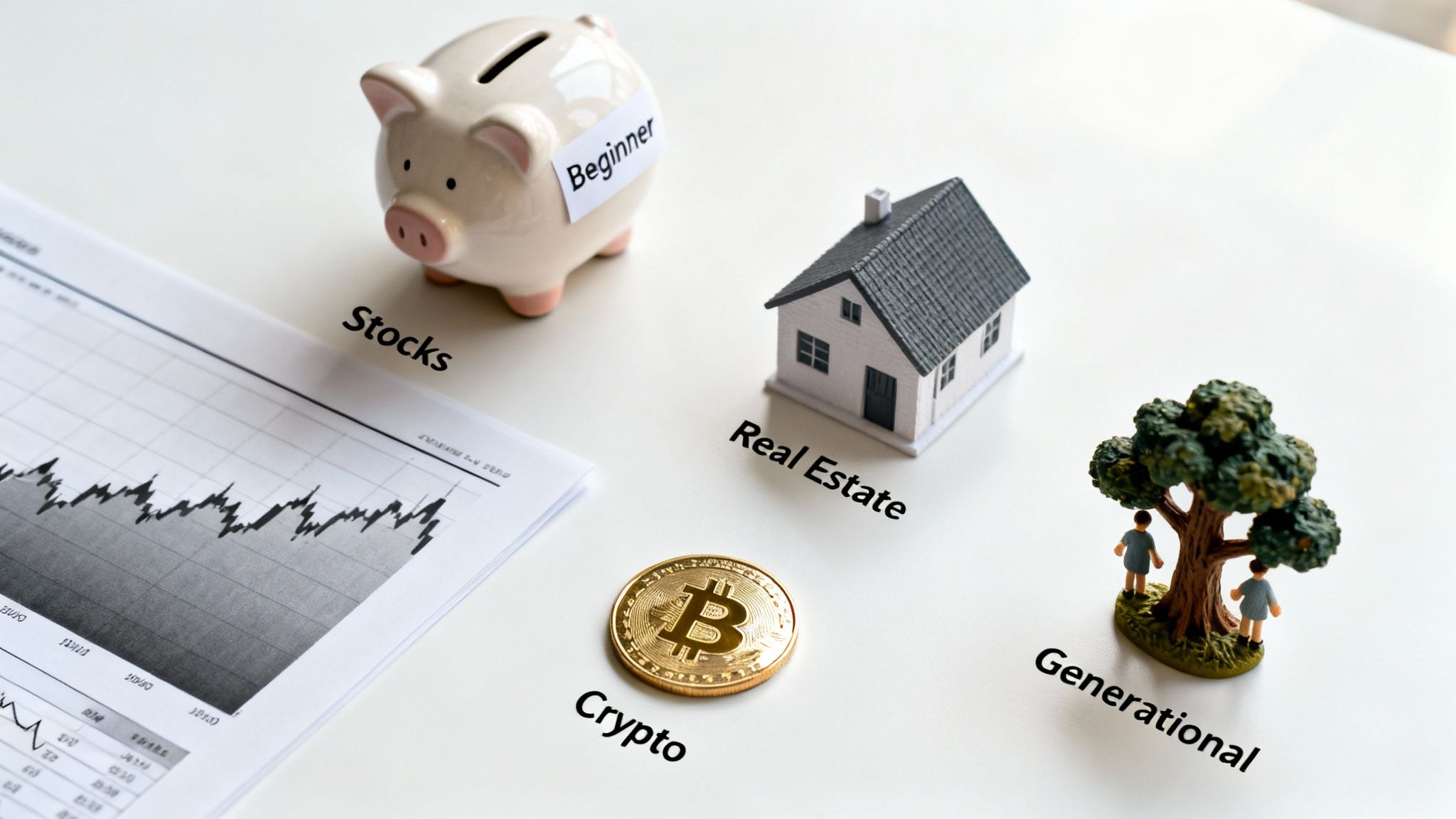 Visual representation of diverse investment options including stocks, real estate, crypto, and generational wealth building.