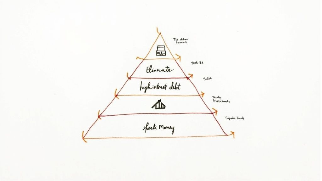 A financial planning pyramid outlines steps: save money, eliminate high-interest debt, invest, and use tax-advantaged accounts.