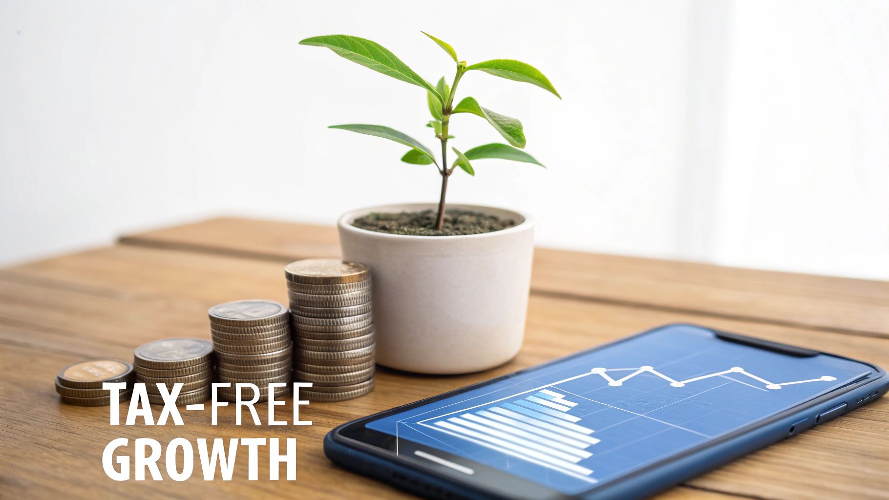 Stacks of coins, a growing plant, and a smartphone with a financial chart, symbolizing tax-free investment growth.