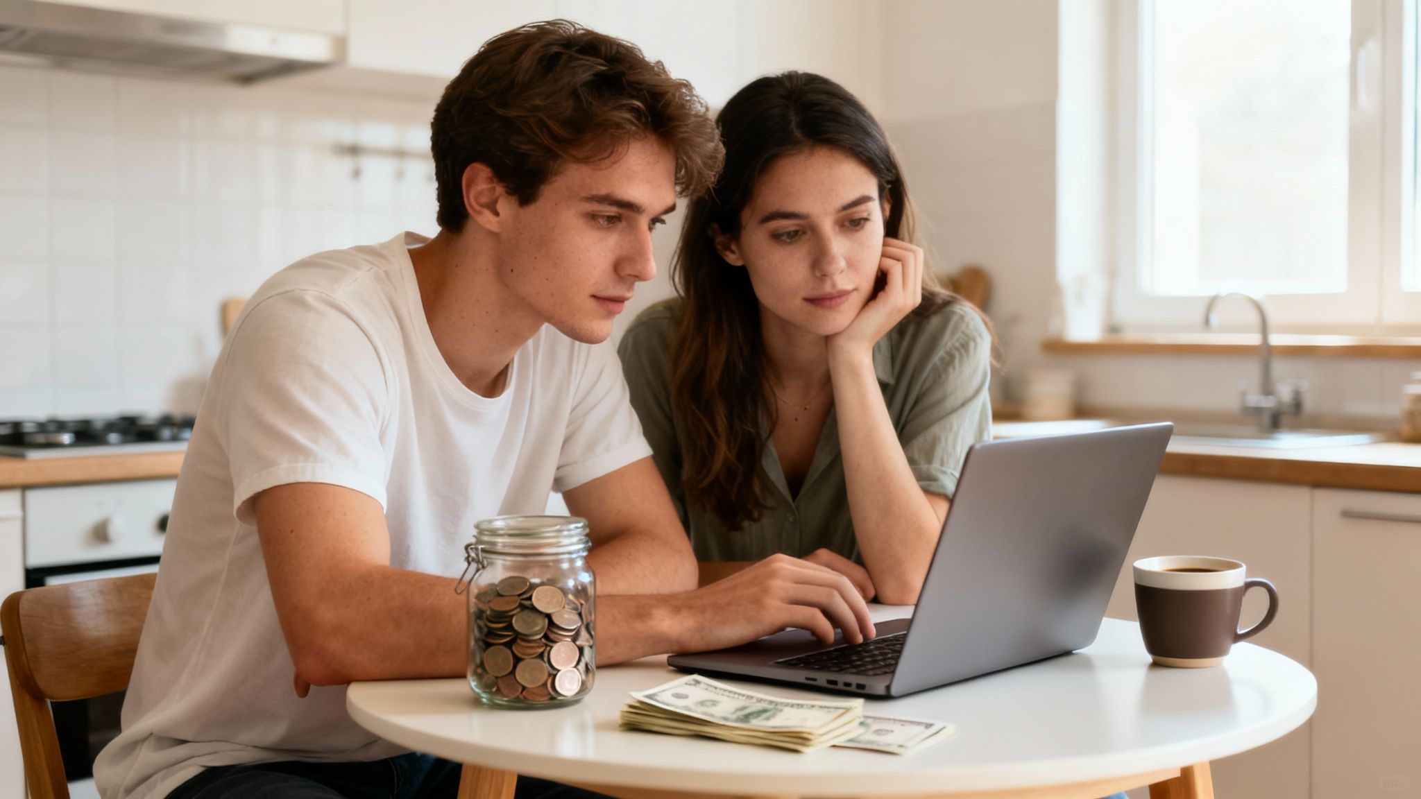 A young couple reviewing finances on a laptop, with a coin jar and dollar bills on the table.