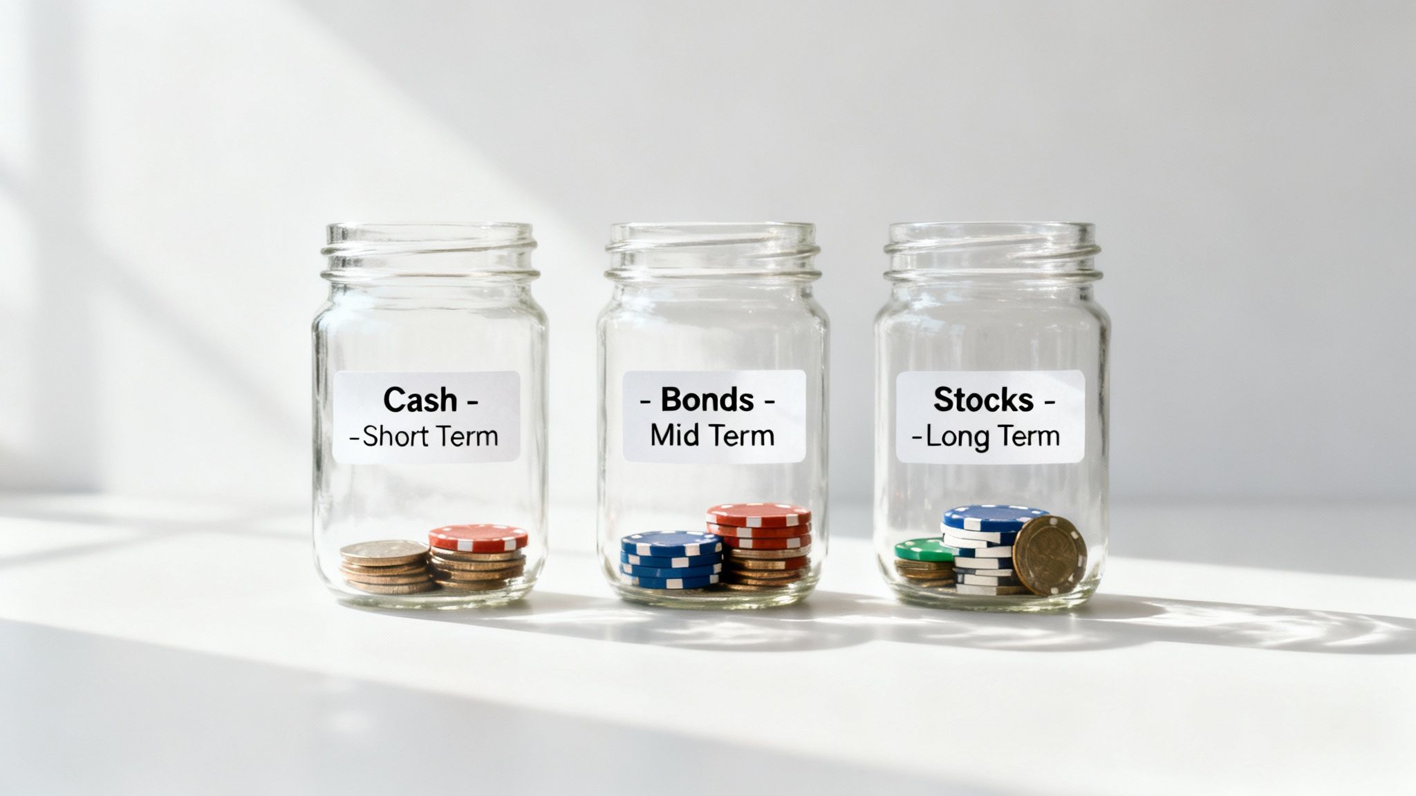 Three glass jars labeled 'Cash', 'Bonds', and 'Stocks' containing coins and chips, representing investment strategies.