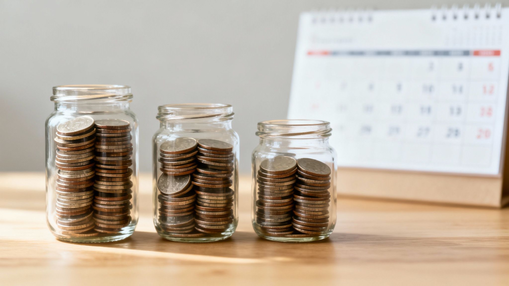 Three glass jars filled with coins representing different savings or investment amounts, with a calendar.