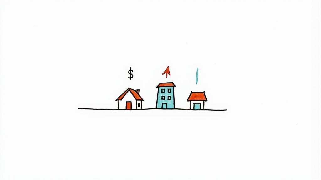 Hand-drawn illustration of three houses with symbols indicating money and growth above them.