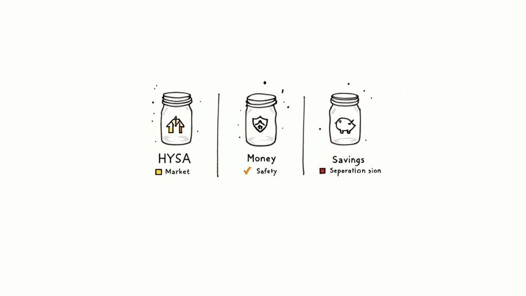 Illustration of three financial jars labeled HYSA, Money, and Savings, each with a relevant icon.