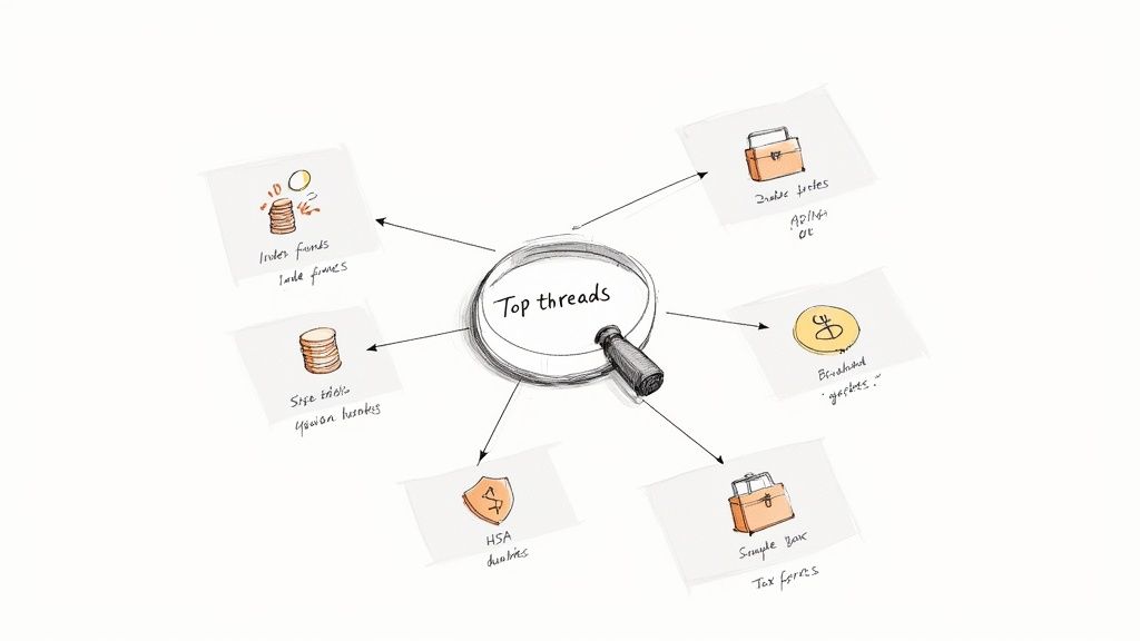 A person studying a dictionary-like book with financial symbols floating off the page, representing learning financial terms.
